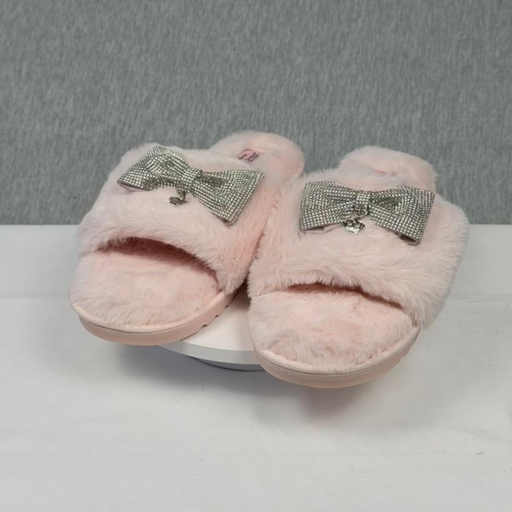 Juicy Couture‎ JC-HASHANTI Pink Faux Fur Rhinestone Bow Slide Slippers Womens 10